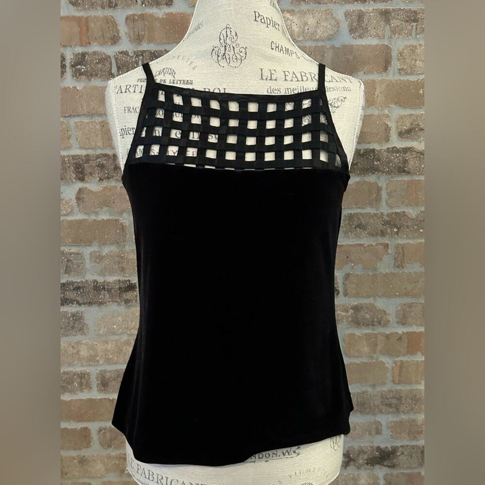 Vintage 90s black velvet criss cross waffle high neck strappy top sz 6-10
